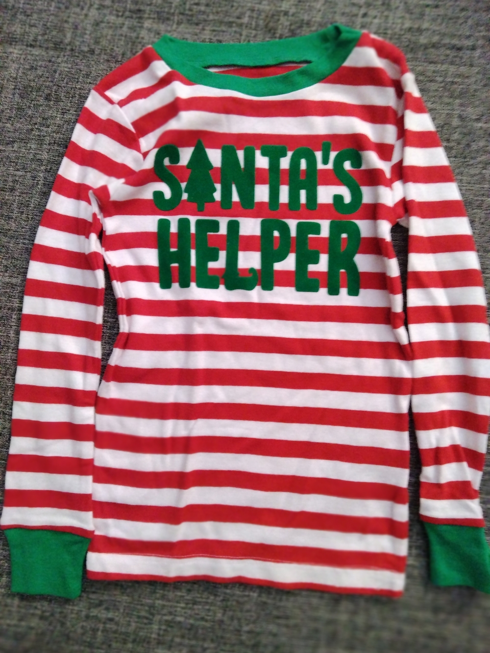 Simple Red & White Striped Long-Sleeve "Santa's Helper" Shirt with Green Trim